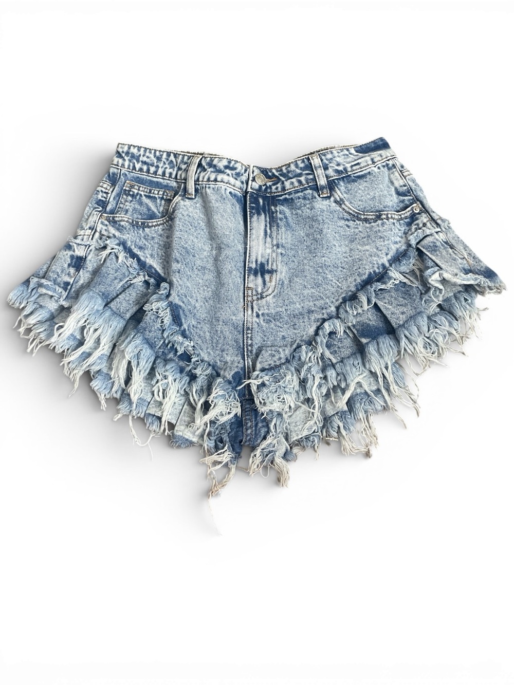 Fringed Acid Wash Denim Shorts - Light Blue waist 18